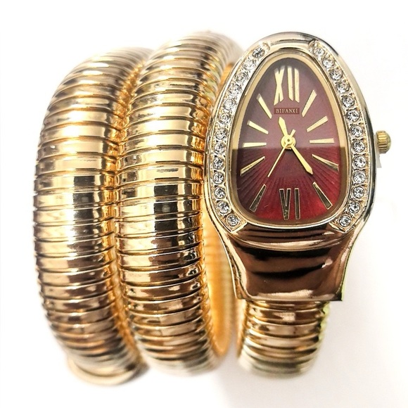 Anthropologie Accessories - Serpenti Wrap Bracelet Watch – Gold Tone / Burgundy Dial ✨